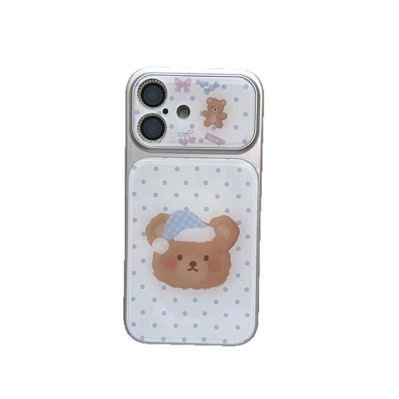 High-End iPhone Case for Apple 16 Pro Max/15/14 with Cute Blue Polka Dot Bear Sleepy Hat Design