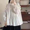 Johnature Pilzbesatzhemd Retro Gepresstes Plissee Schnürhemd Frühling Japanische Baumwollhemden