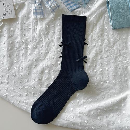 Ballet Style Solid Color Bow Mid Tube Socks Summer Cotton Lightweight Breathable Fashionable Soft Comfortable Casual Women Socks