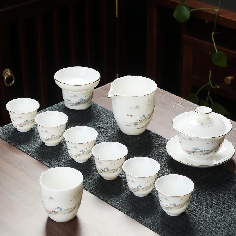 Ceramic suet jade porcelain kung fu tea set with gifts for home use
