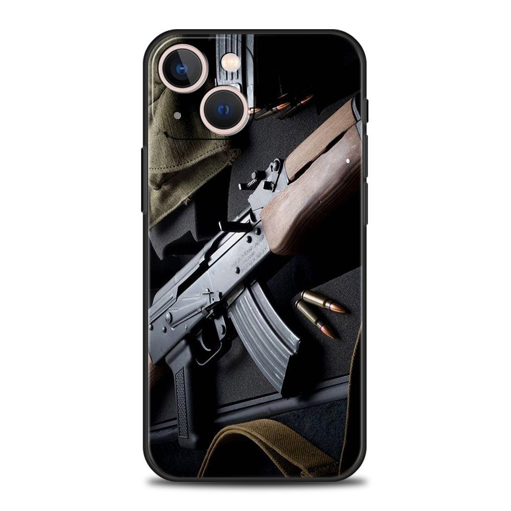 AK47 Handgun Gun BUllets Phone Case For Apple iPhone 11 15 14 Pro MAX 12 13 7 8 Plus X XR XS MAX SE Silicone Black Cover Funda