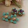 Retro Turquoise Purple Zircon Flower Stud Earrings for Women No Piercing Imitation Gem Filigree Oval Ear Clip Ethnic Jewelry