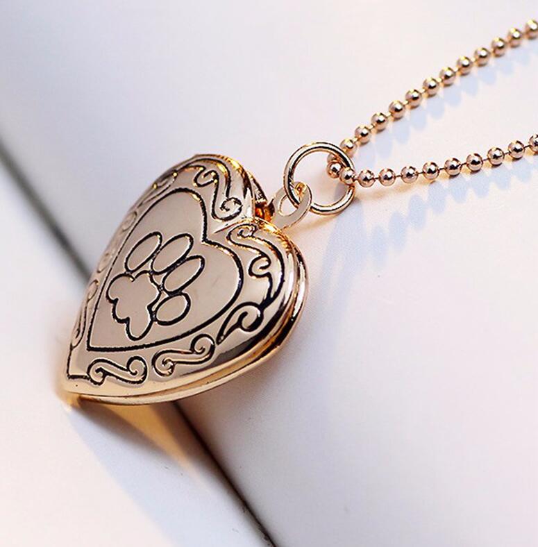 

SUTEYI Heart Photo Frame Memory Locket Necklace Gold Silver Color Pet Cat Dog Paw Footprint Necklace Jewelry золотий