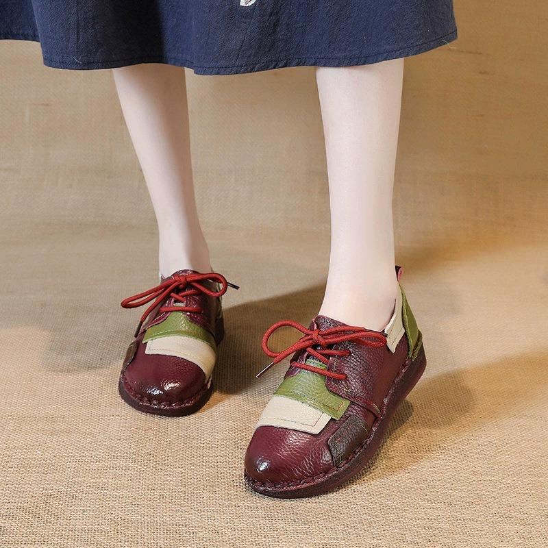 New First-layer Cowhide Flat-bottomed Casual Women's Shoes Color Matching Leather Single Shoes Cotton Shoes