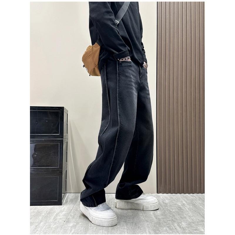American wind wash splicing jeans new men's loose straight wide legs ruffian handsome casual trousers black tide