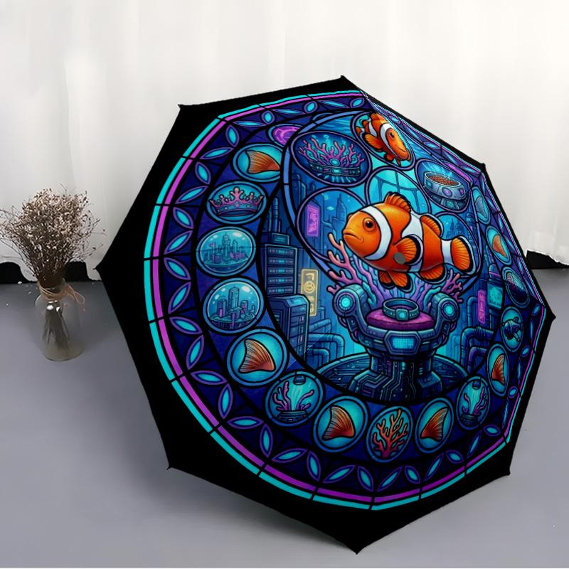 Cyber Clownfish Mandala Pattern Umbrella, Portable and Foldable Design, 8 Ribs, a Casual Accessory for Halloween, Christmas, and Birthday Gifts.