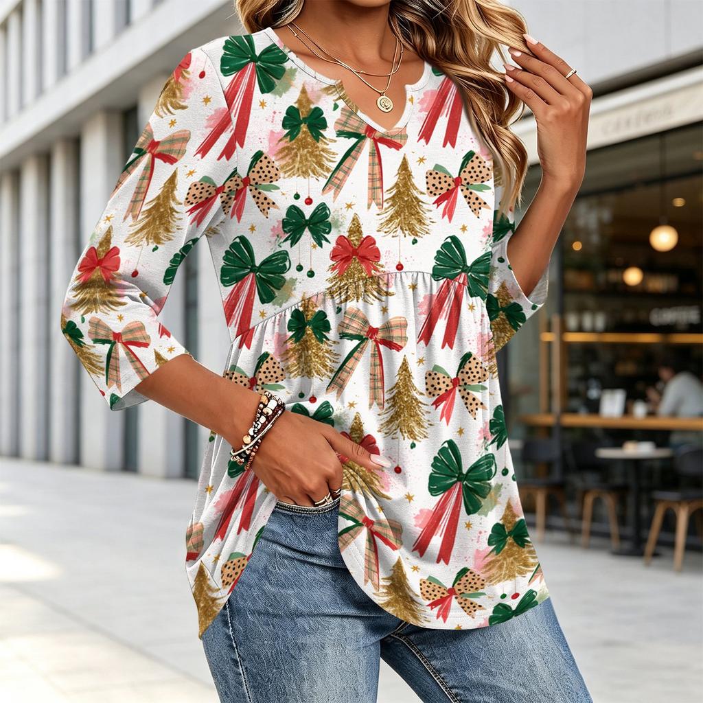 Women's Fashion Casual Christmas Print V-Neck Three-Quarter Sleeve Blouse