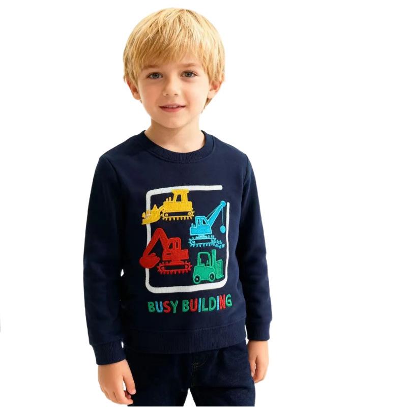 European & American Children's Autumn Loose Hoodie with Construction Vehicle Embroidery