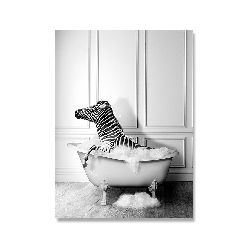 Black White Animals In Tub Canvas Posters and Print Penguin Elephant Zebra Giraffe Wall Art Painting Pictures For Bathroom Decor No Frame