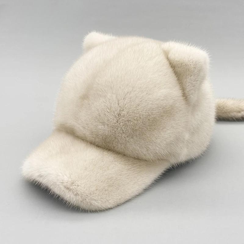 Mink Fur Hats for Women Winter Warm Solid Genuine Luxury Fur Cap High Quality Female Fur Hat with Tail Cute Girls Cat Hats