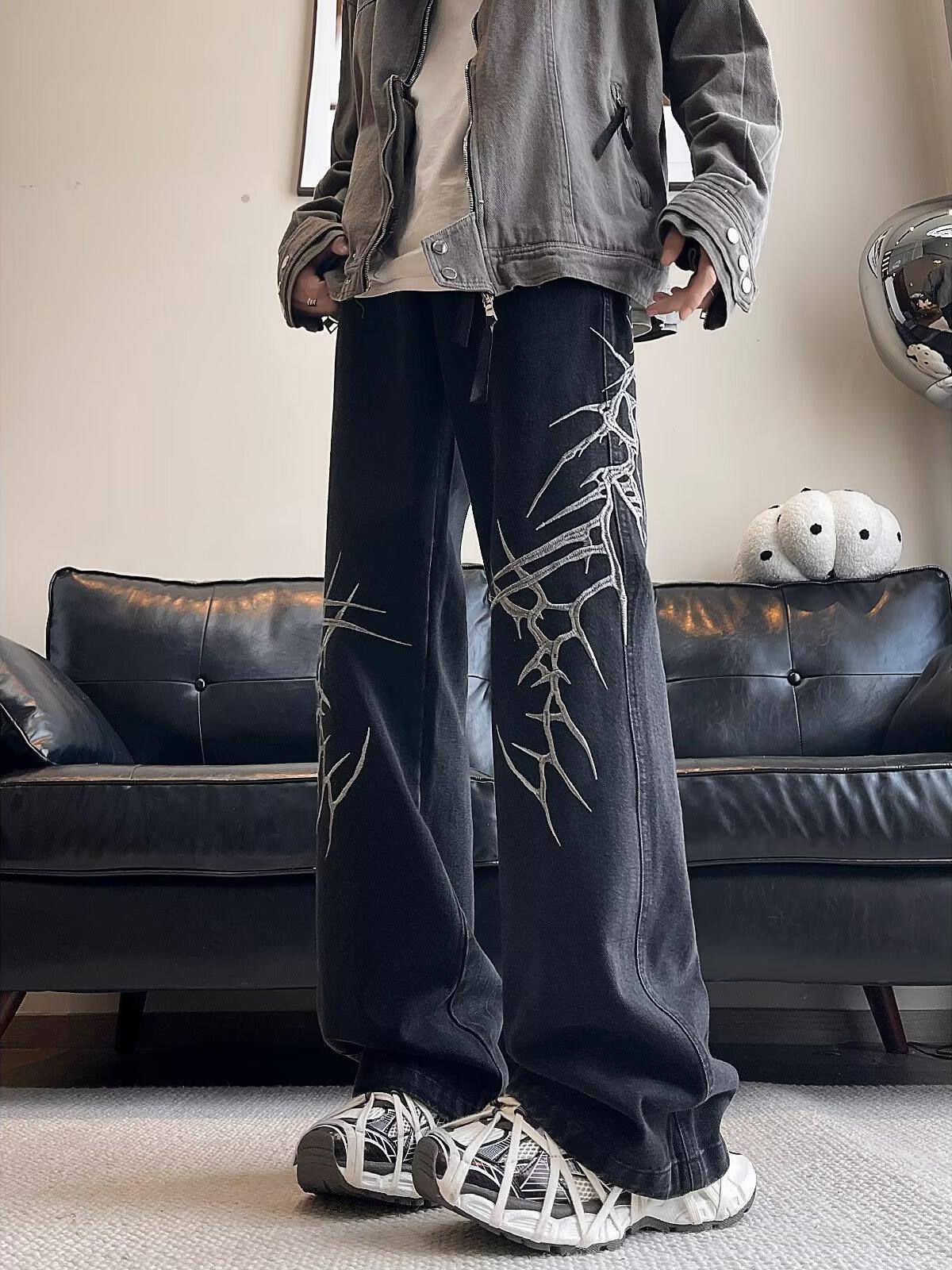 

JYL Men s Flare Jeans Heavy Embroidered Cleanfit American HipHop Niche Loose Denim Pants XL