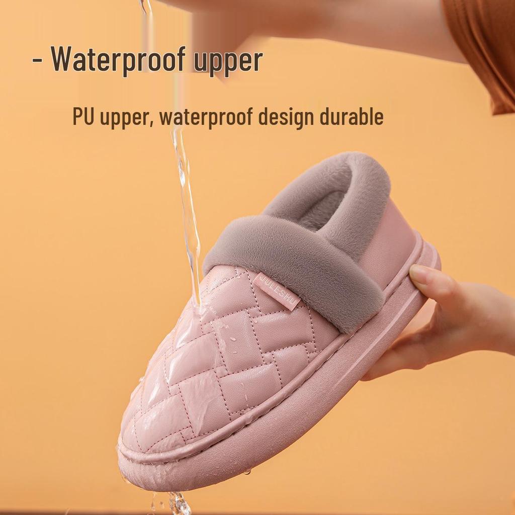 Waterproof Leather-Cotton Slippers, Non-Slip Closed Heel for Indoors
