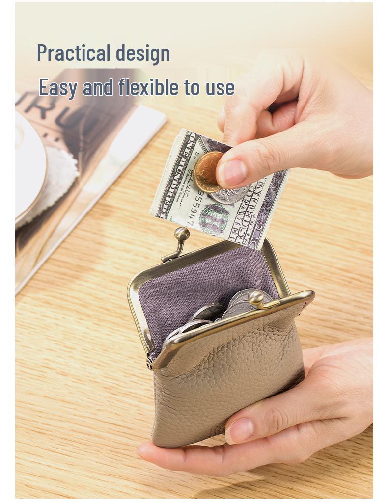 Women's Genuine Leather Mini Coin & Card Holder with Lipstick Clip - Chic European American Fashion Storage Purse