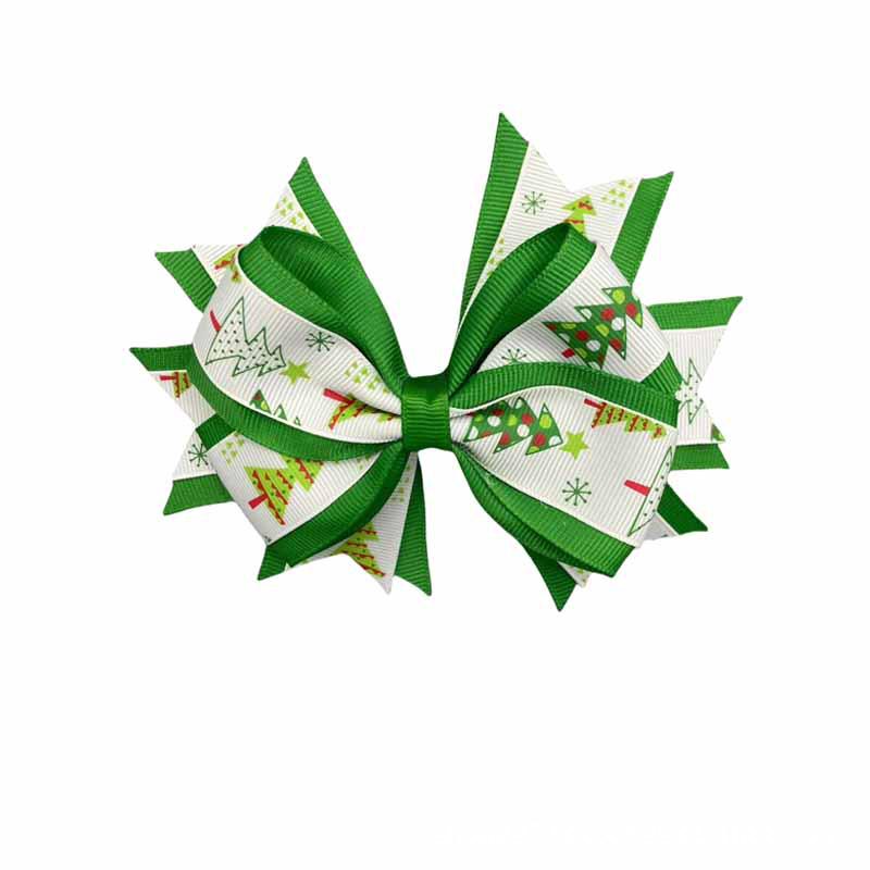 Cross-border Christmas Tree Bow Hair Clip for Kids - Double-Layer Ribbed Ribbon Accessory