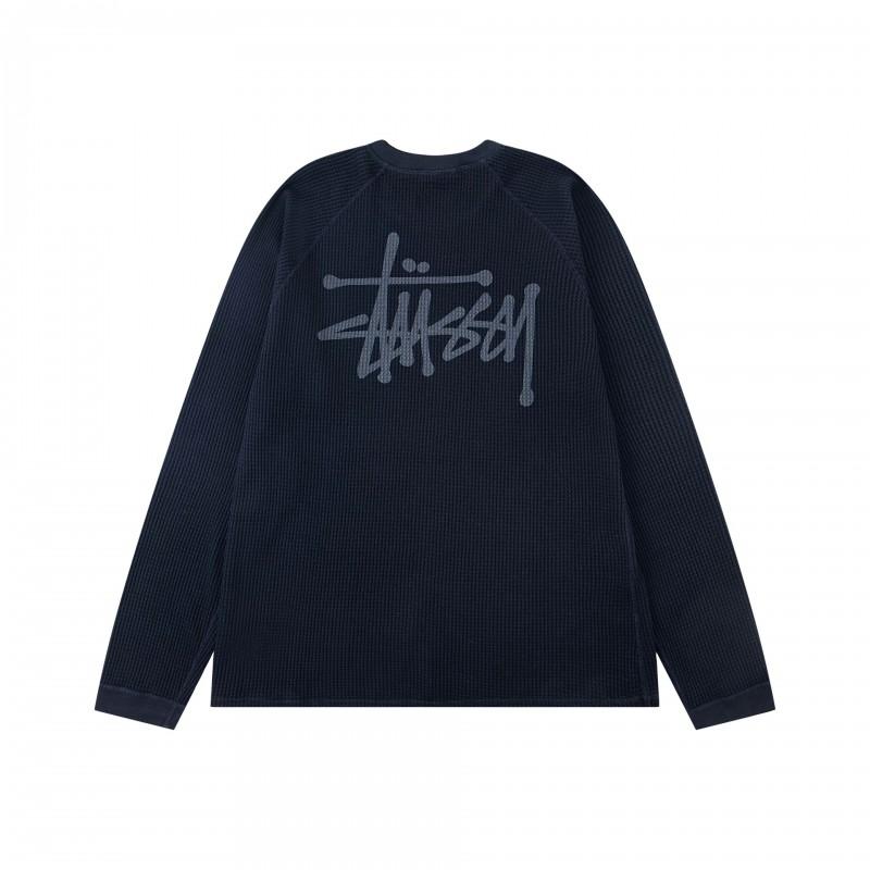Mens Oversized Waffle Knit Long Sleeve Tee With Washed Print Soft Cotton Blend Winter Casual Wear