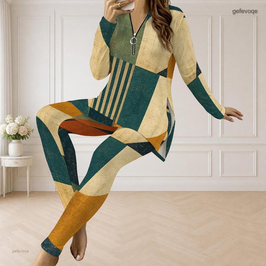 Women Plus Size Blue Yellow White Abstract Printed Front Zipper Long Sleeve Longline Top Fitted Pants Two Piece Set