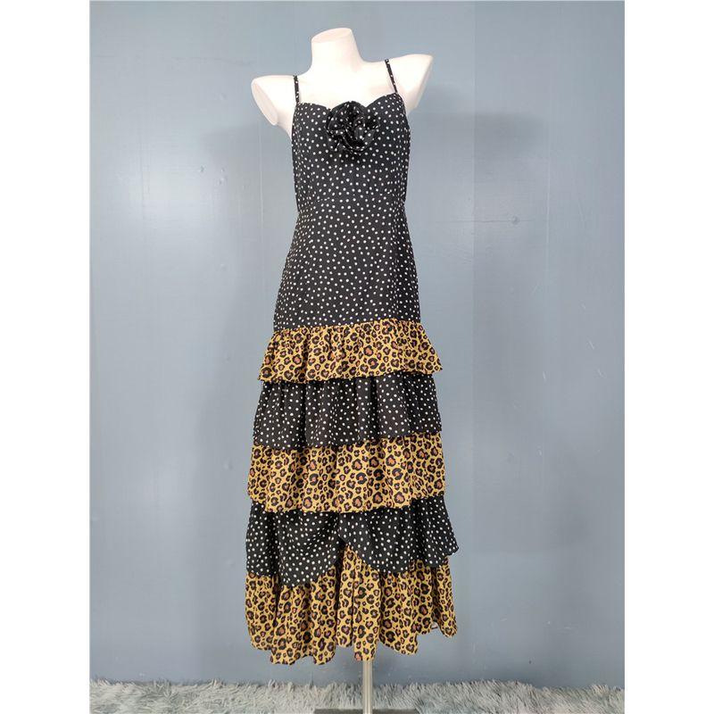 

Foreign Trade Order AQ Home Super High Texture Chiffon Skin-friendly Dots Leopard Print Patchwork Rose Three-Dimensional Flower Jumpsuit Long dress Yellow black polka dot leopard print XL