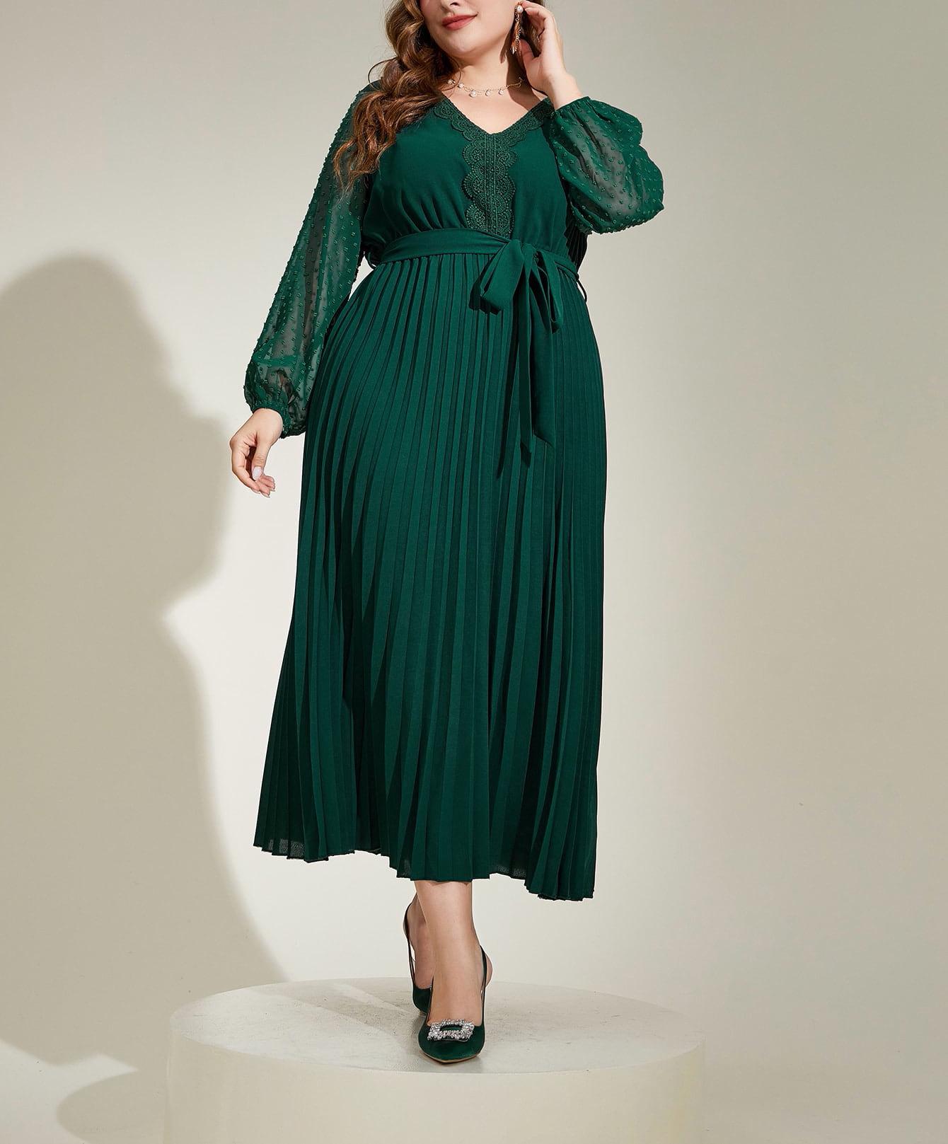 Plus Size Tie-Waist Patchwork Pleated Dress - Elegant Spring/Autumn Long Sleeve Style 0XL темно-зеленого