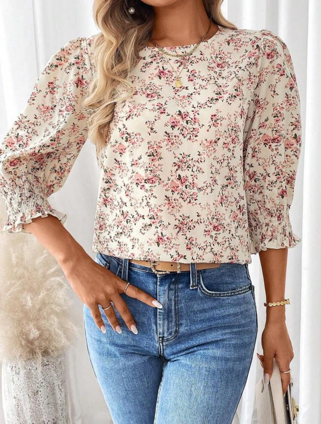 Brown and White Checked Mid-Sleeve Shirt with Ruffle Cuff Detail