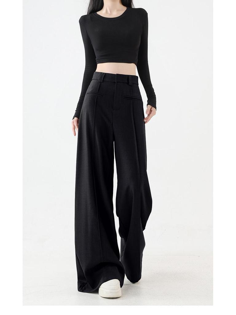 2025 High Waist Slim Straight Women's Floor-Length Drape Pants - Spring & Autumn Wide-Leg Suit Style.
