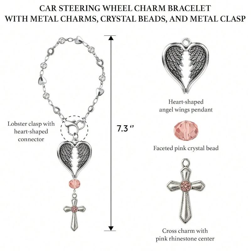 Guardian Heart Wing Cross Charm - Car/Steering Wheel/Handbag Pendant Silver Tone with Pink Crystal Elegant Decor for Auto Interior & Bag Accessory
