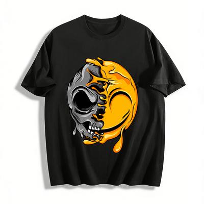 Melting Smiley Skull Print Edgy Cool Casual Crew Neck Top Pure Cotton T-shirt