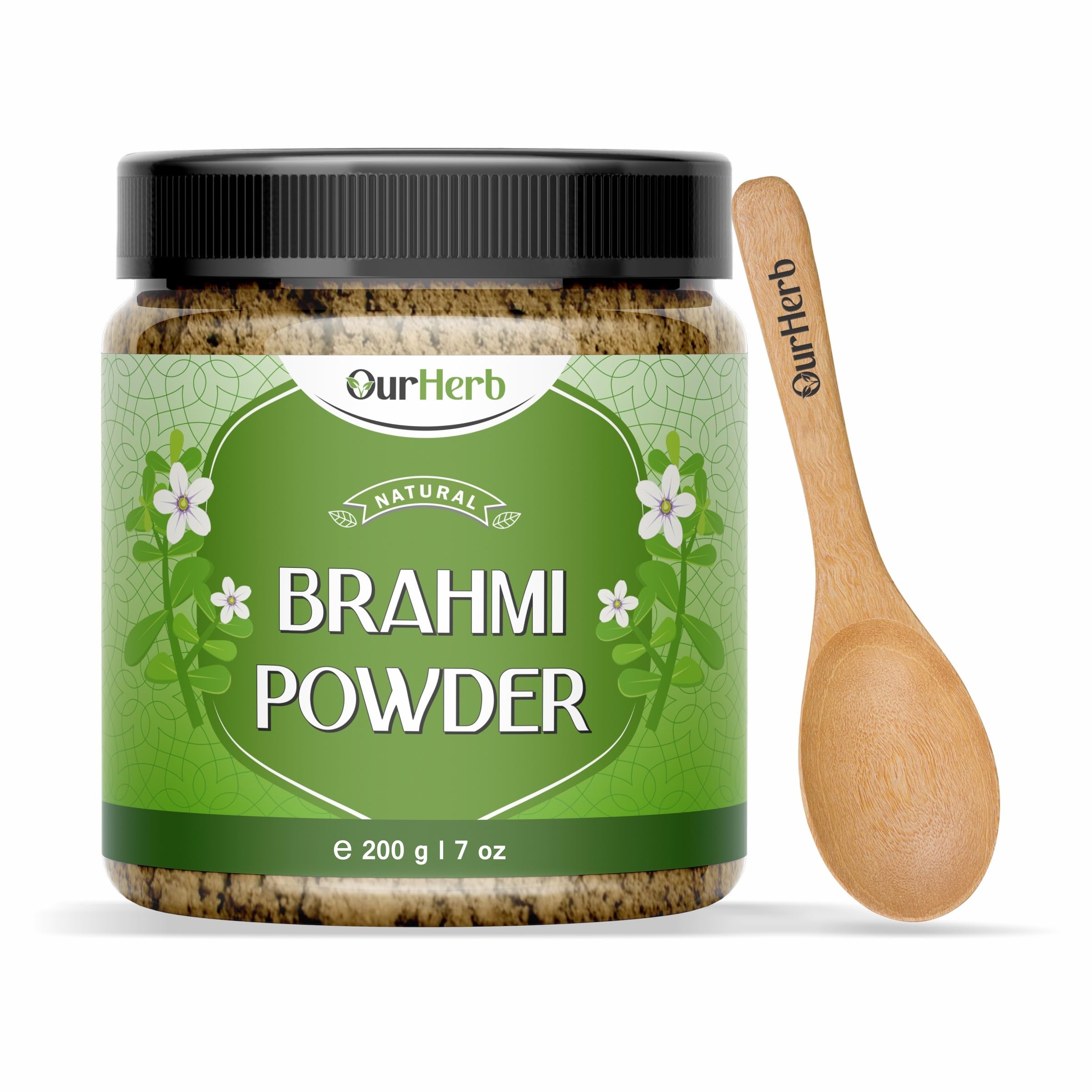 OurHerb Pure Natural Brahmi Powder (Bacopa monnieri Powder) for Health Hair Care with Wooden Spoon - 200g | 7 Oz