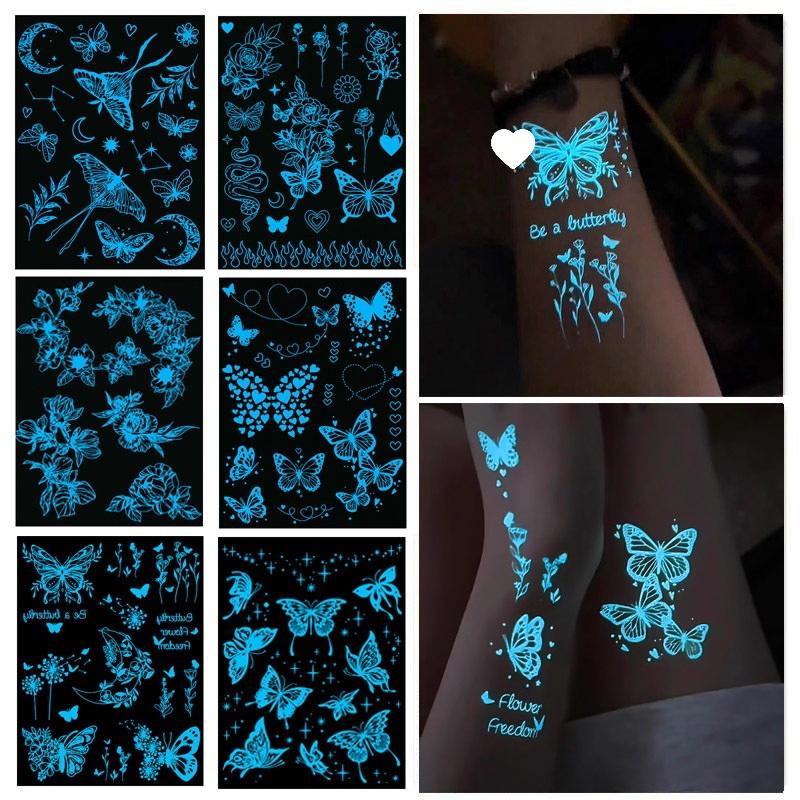 1/6Sheet Large Blue Luminous Butterfly Tattoo Stickers Women Glow In The Dark Waterproof Temporary Tattoo Music Festival Party