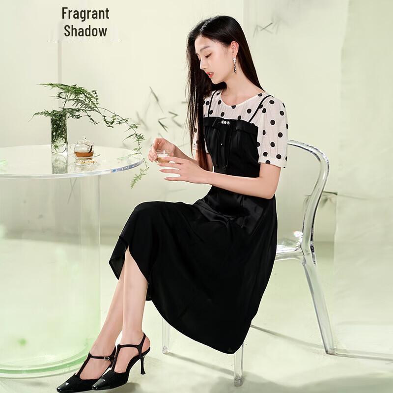 Xiangying New Chinese Style Faux Two-Piece Polka Dot Dress S