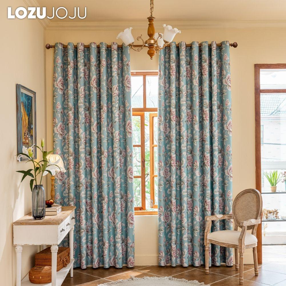1PC LOZUJOJU American Countryside Style Peony Printed Blue Curtains with Full Blackout Curtains for Bedroom Living Room Balcony Window for Home Decor