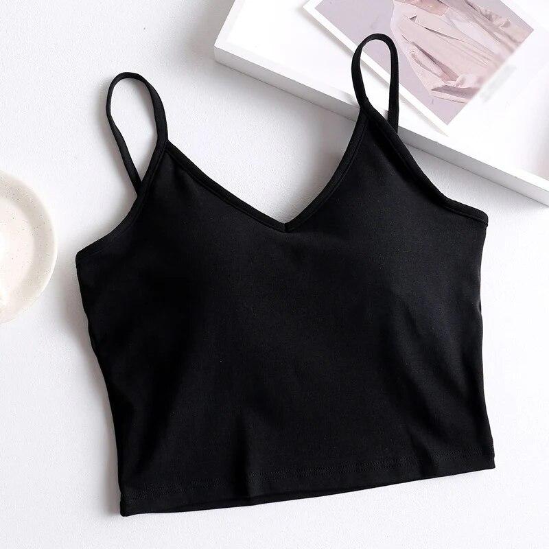 Geripptes Crop-Top für Damen mit V-Ausschnitt, BH-Cami, ärmelloses Tube-Top, Spaghettiträger, Tank-Top, gepolsterte Leibchen-Weste
