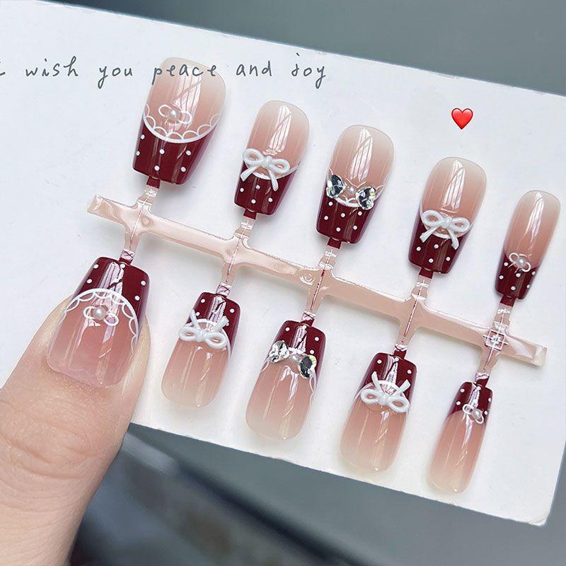 10Pcs Red Polka Dot Bow French Press On Nails Sweet Cute Handmade Removable False Nail Tips For Girls