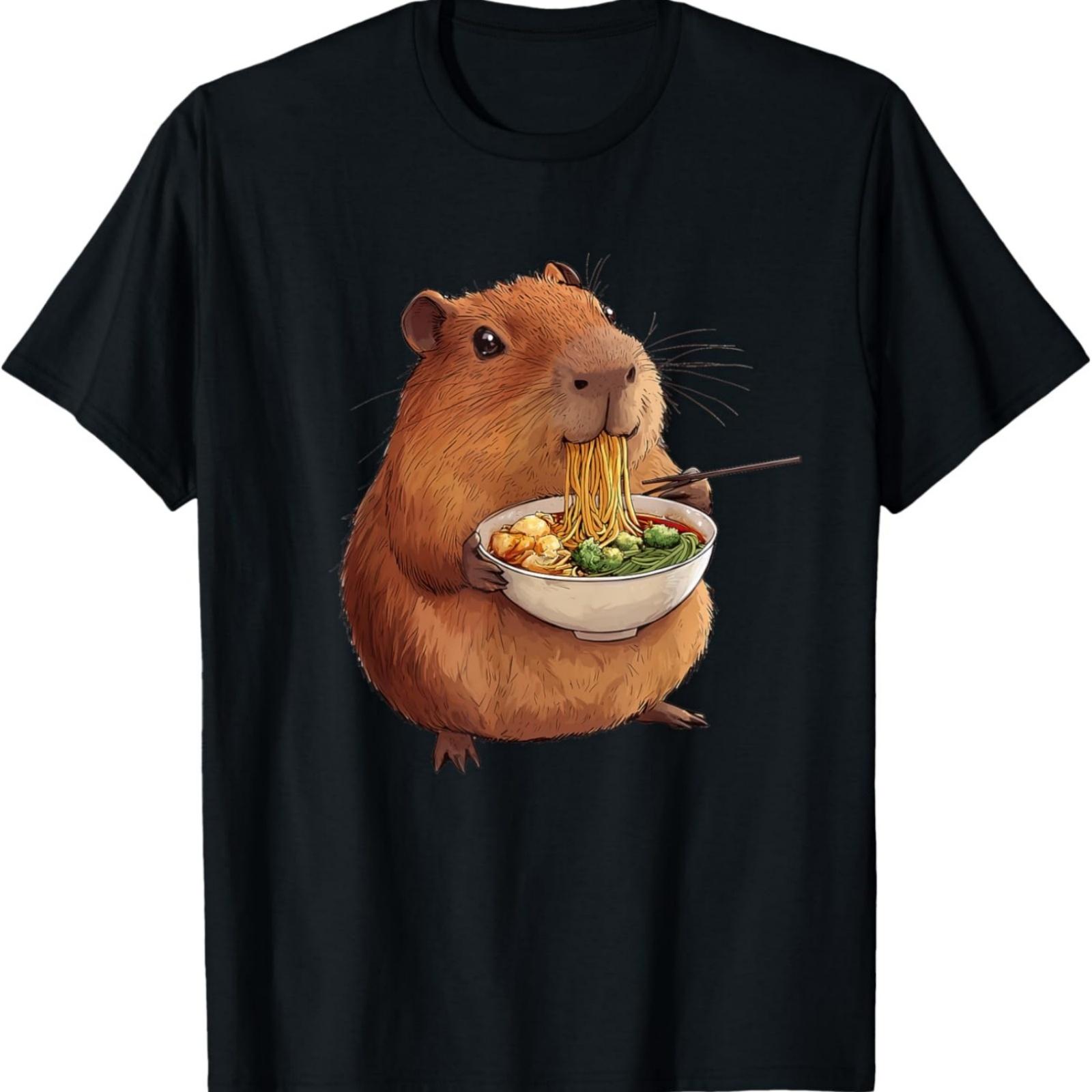 Kawaii Capybara Eating Ramen Noodles Anime Japanese Unisex-Adults and Kids T-Shirt - Black - Small - Short Sleeve XXXXXL разноцветный