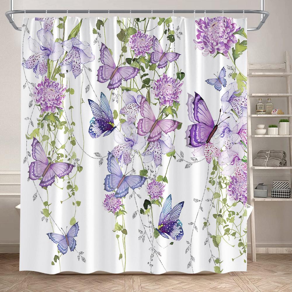 Rustic Sunflower Shower Curtain Butterfly Spring Floral Green Leaves Plant Bath Curtains Set Polyester Bathroom Decor with Hooks