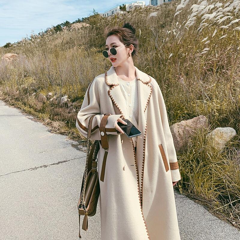 New Beige Double-sided Woolen Coat Women's Mid-length Autumn and Winter Contrast Color Hemmed Loose Woolen Coat