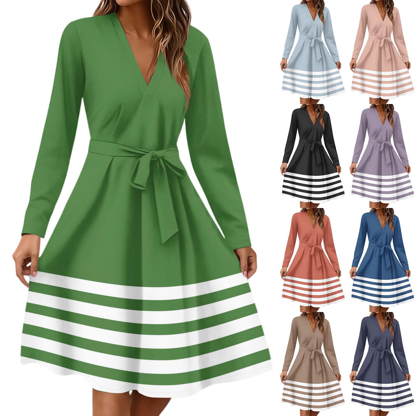 

Жіноча мода Повсякденна сукня міді з V-подібним вирізом, довгим рукавом, смугастим принтом на талії M