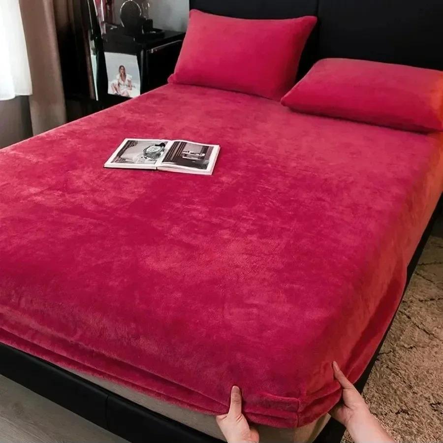 1PC Elastic Mattress Cover Warm Plush Fitted Sheet Velvet Bed Cover Winter Soft Family Double Bed Bedding 90/120/150/180/200cm