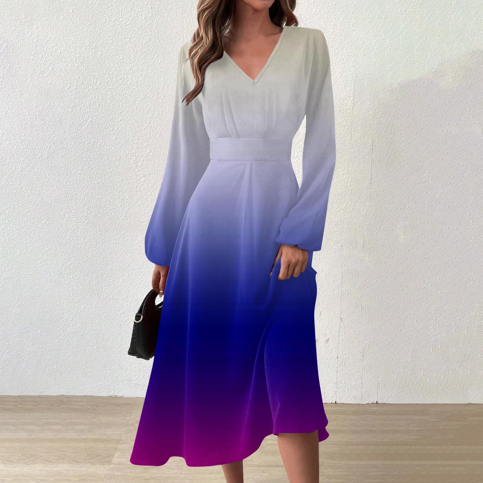 

Women s And Winter Casual Fashion V-neck Long Sleeve Gradient Print Long Dress XL білий