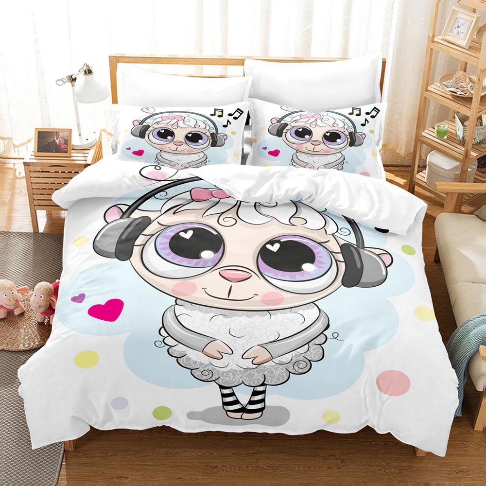 Cartoon Sheep Duvet Cover Set Cute White Sheep Flowers Pattern King Queen Full Size For Kids Boy Girl Gift Polyester Bedding Set