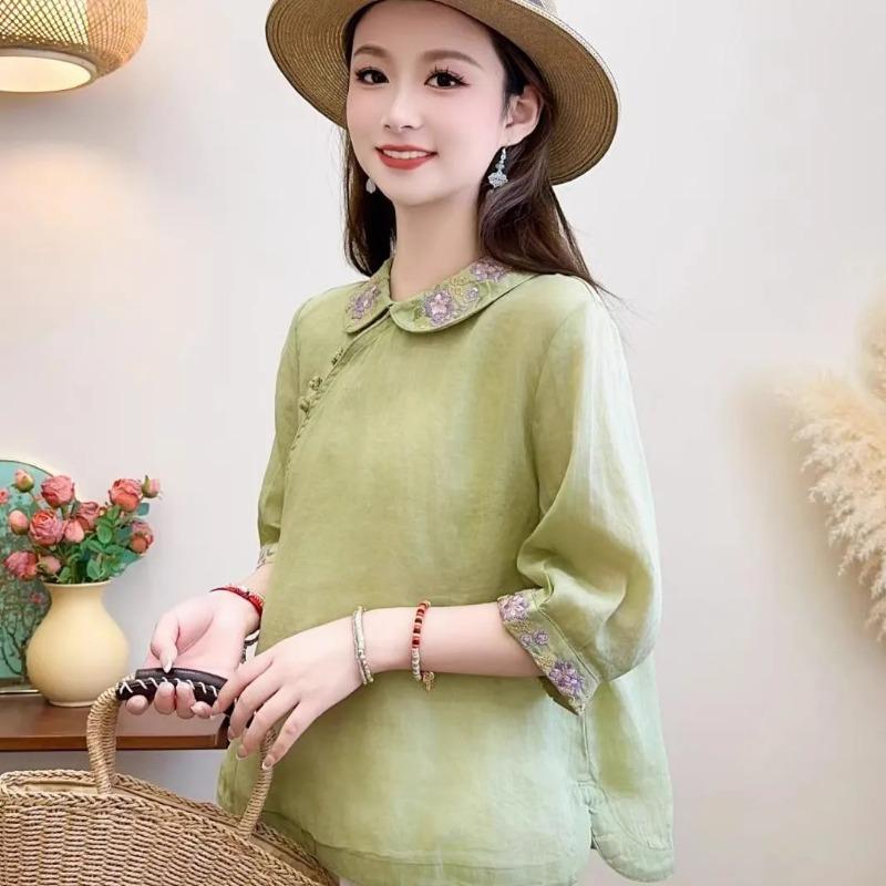 Womens Linen Cotton Embroidered Blouse Casual Peter Pan Collar Frog Button 3/4 Sleeve Top