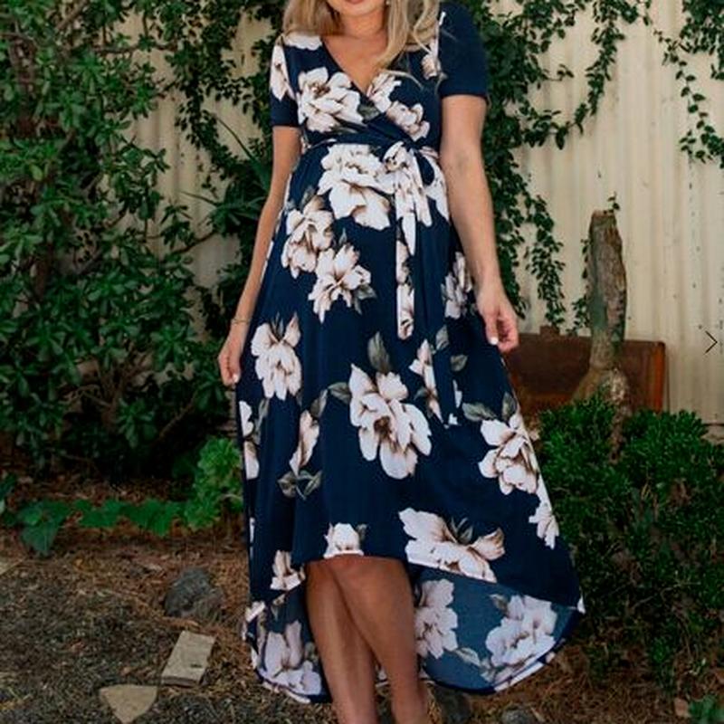Printed Belt Long Skirt Maternity Dress 