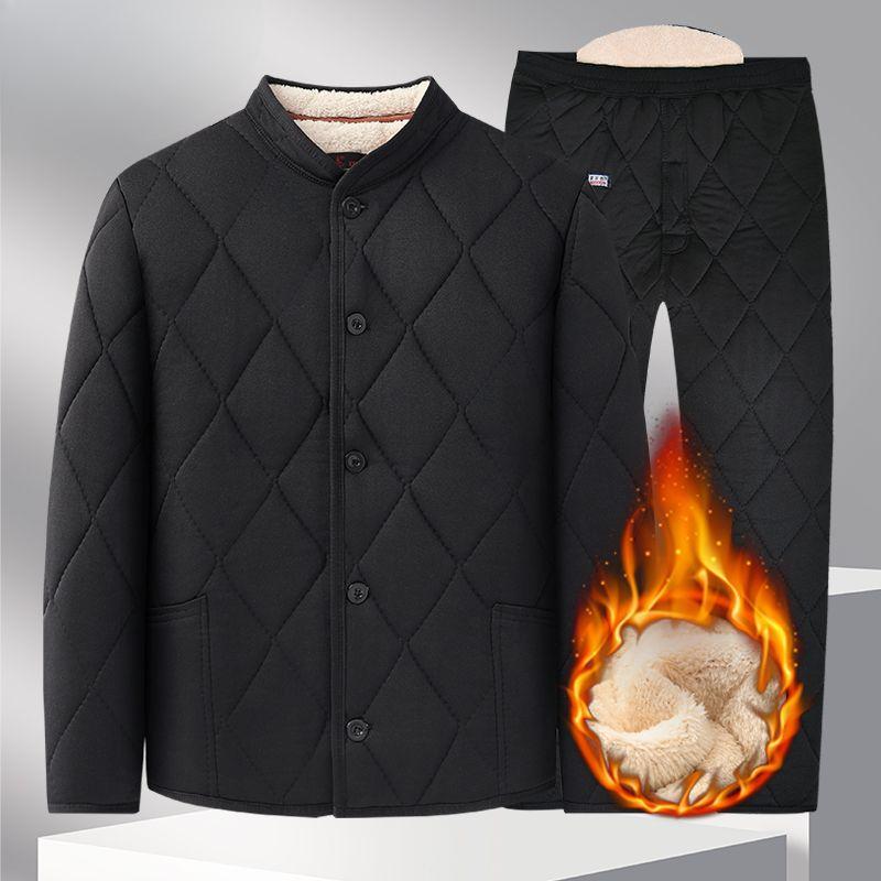 Men's Plus Velvet Padded Jacket Suit Winter Thickened Padded Jacket Dad Plus Velvet Thermal Underwear Padded Jacket Suit