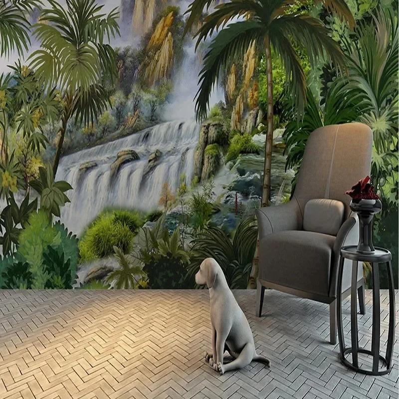 Wallpaper 3d Stereo Waterfall Tropical Rainforest Landscape Fresco Living Room Bedroom Backgrouund Wall Mural Decor