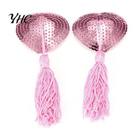 Invisible Chest Pads 1 Pair Nipple Covers Sequins Shiny Heart Shape Nippleless Stickers Tassels Self-Adhesive for Home