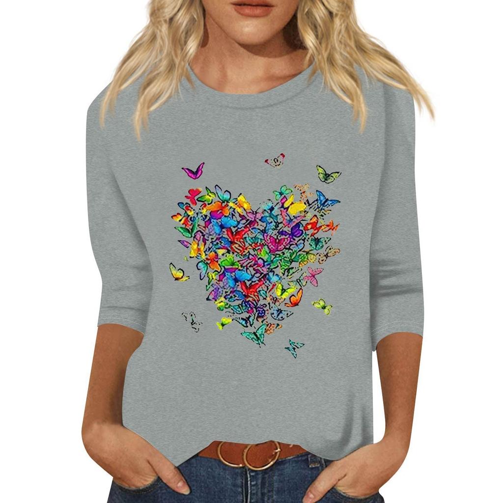 Women's Fashion Loose Casual Seven 3/4 Sleeve Printed Round Neck Pullover Top