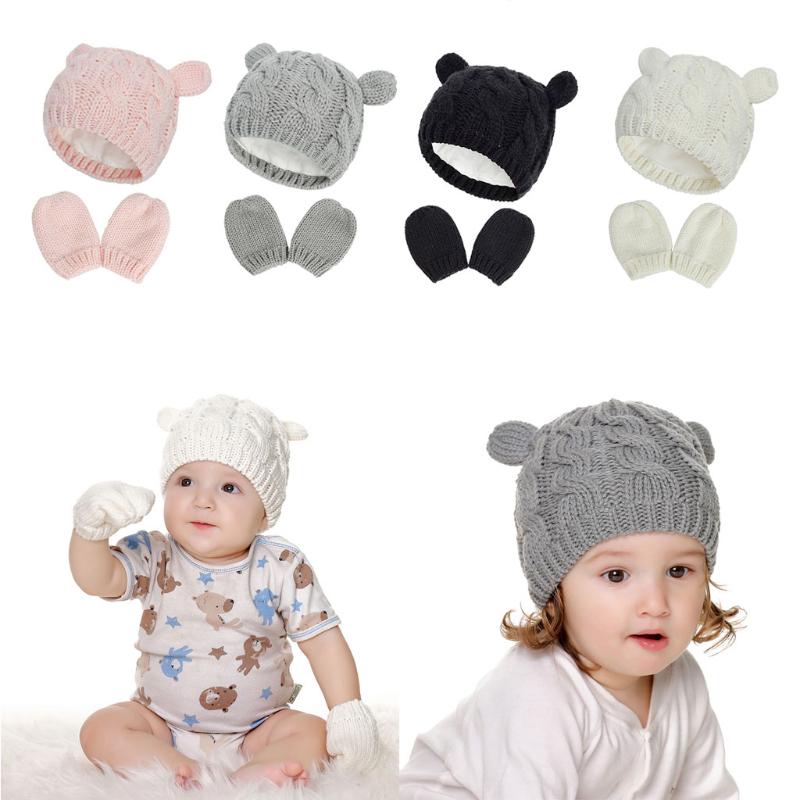 Baby Hat and Mittens Set Kids Knitted Beanie Cap Winter Warm Pompom Hats Gloves