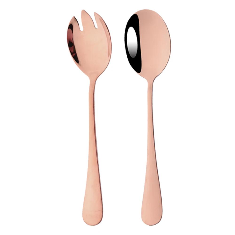 2Pcs Salad Spoon Dinnerware Set Gold Unique Spoon Cutlery Set Salad Fork Stainless Steel Tableware Party Serving Spoon Flatware
