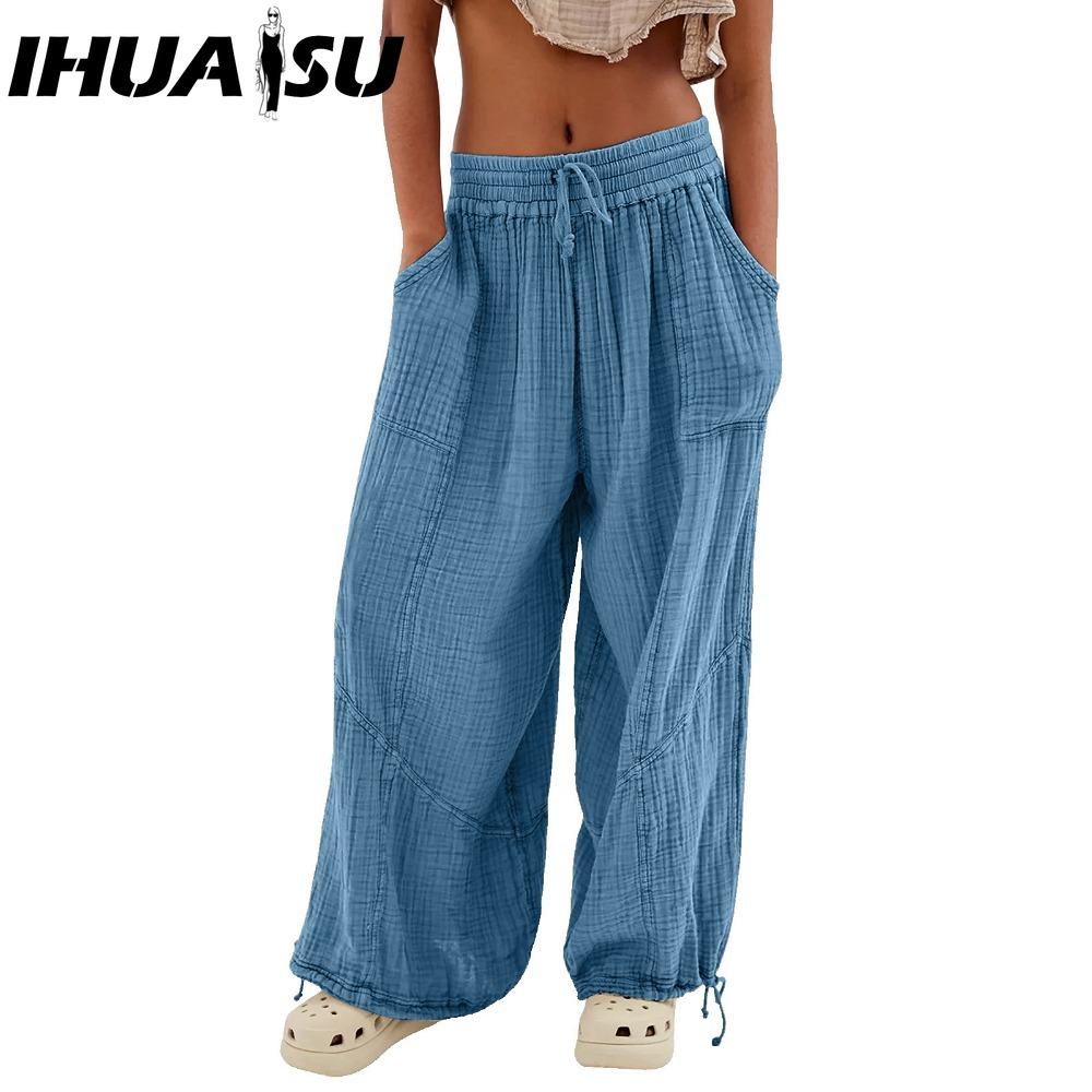 

IHUASU 8 цветов Женские брюки с высокой эластичной талией Широкие штанины Свободные брюки Глубокий жилет Плиссированные щиколотки Карманы Однотонные Мягкие женские повседневные брюки XXXL синий