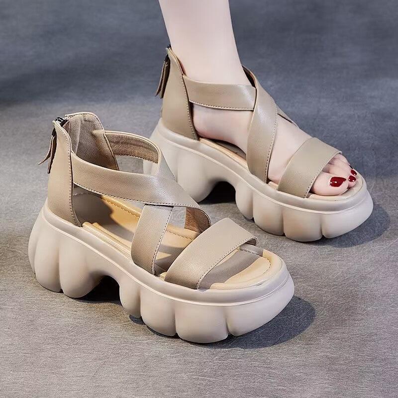 Popular Muffin Platform Cross Sandals Summer 2025 New Soft Leather Roman Beach Shoes Zipper Fashion Cool Boots