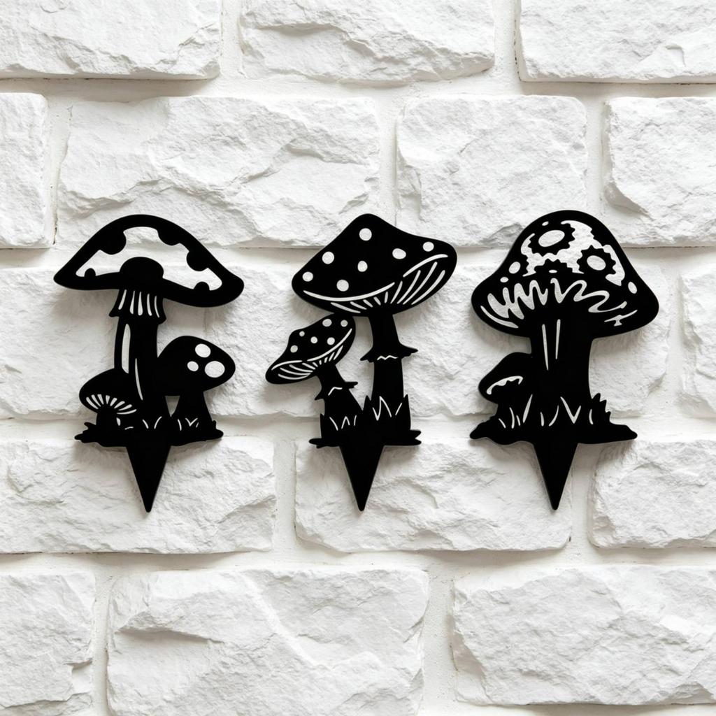 Mushrooms Ground Insert Black Metal Silhouette Sign Flat Garden Stakes for Gardeners,